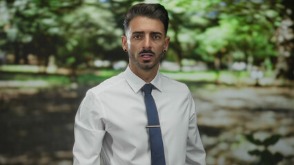 Man wearing white shirt and tie pointing finger toward camera in forest clearing with green foliage; authority.