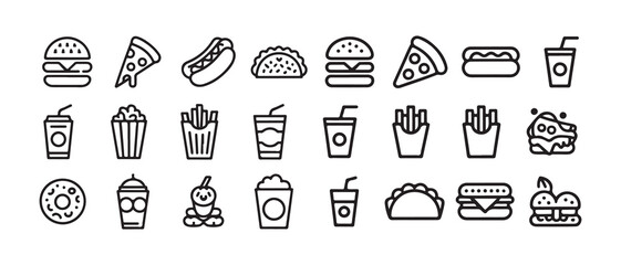 Minimal Line Fast Food and Grocery Icons Set. Black Outline Food Symbols Collection. Vector illustration eps 10