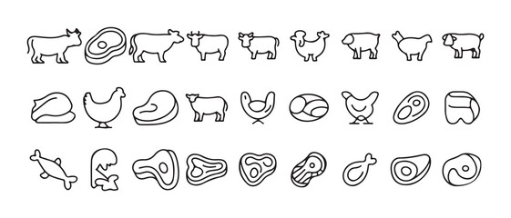 Minimal Line Meat, Poultry and Seafood Icons Set. Black Outline Protein Food Symbols. Vector illustration eps 10