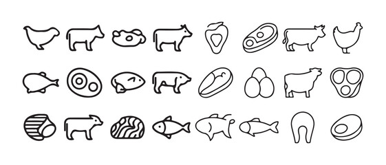 Minimal Line Meat, Poultry and Seafood Icons Set. Black Outline Protein Food Symbols. Vector illustration eps 10