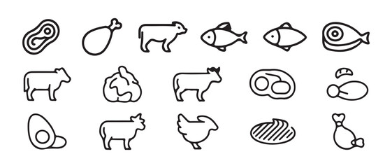 Minimal Line Meat, Poultry and Seafood Icons Set. Black Outline Protein Food Symbols. Vector illustration eps 10