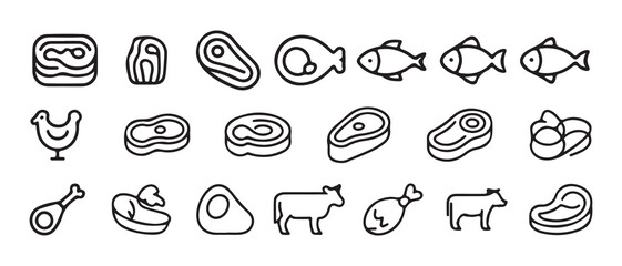 Minimal Line Meat, Poultry and Seafood Icons Set. Black Outline Protein Food Symbols. Vector illustration eps 10