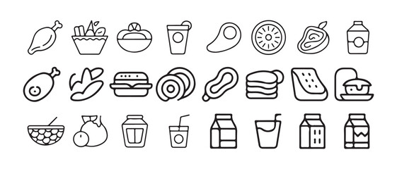 Minimal Line Fast Food and Grocery Icons Set. Black Outline Food Symbols Collection. Vector illustration eps 10