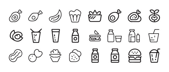 Minimal Line Fast Food and Grocery Icons Set. Black Outline Food Symbols Collection. Vector illustration eps 10