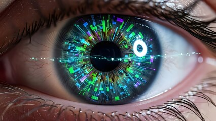 Close-up of human eye with futuristic circuit board pattern in iris