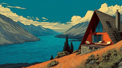 Red A- Frame Cabin on Grassy Hillside with Expansive Mountain Lake View a frame cabin house photo