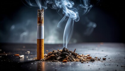 Cigarette butt on a dark surface with smoke