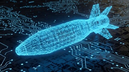 Glowing blue missile on circuit board background
