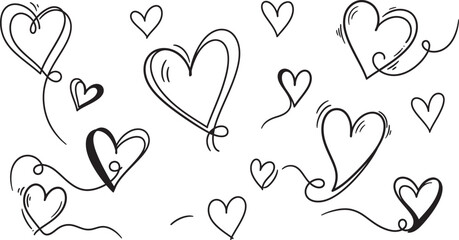Hand drawn hearts in various sizes and styles on white background