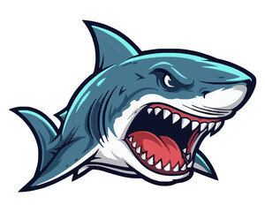Naklejka premium Dynamic illustration of an aggressive blue shark with its mouth wide open showing sharp teeth.