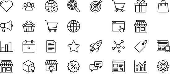 Ecommerce business icon set, online shopping marketing symbols, startup growth tools, digital commerce elements, outline style, cad drawing flat vector illustration