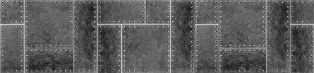 Dark grunge industrial metal texture with steel rivets and rough armor plate pattern