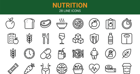 Nutrition line icons set, healthy food symbols, diet wellness elements, minimal outline design, food health concept, cad drawing flat vector illustration