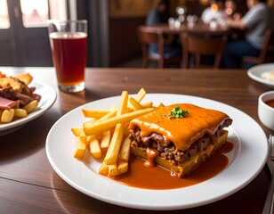 Francesinha en la mesa de un restaurante, un plato tradicional de la cocina portuguesa servido con papas fritas y cerveza