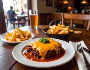 Francesinha servida en un restaurante con cerveza y papas fritas en una mesa alegre