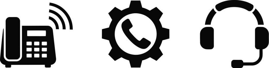 Three black and white icons representing a cordless phone and a gear phone symbol for tech support