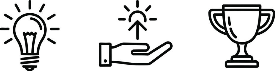 Three black and white icons representing a light bulb idea symbol and a hand with a star for success
