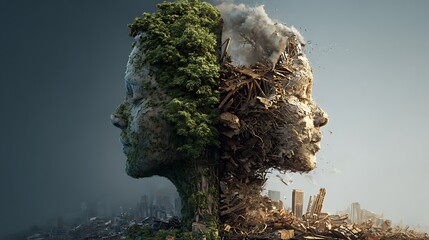 Split face profile of a person with one side green and leafy and the other side polluted with smoke and debris