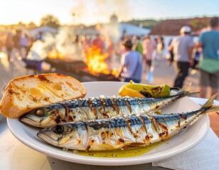 Sardinhas assadas frescas servidas en un carrito de comida en una calle concurrida