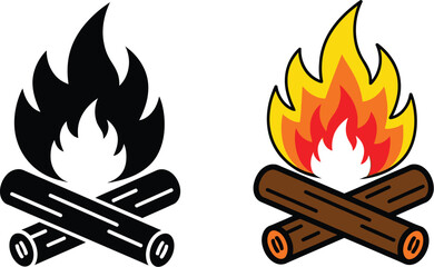 Two icons of a campfire with logs and flames in black and white and colorful versions for camping