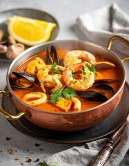 Cataplana de marisco, un plato de la cocina portuguesa servido en un recipiente met&aacute;lico