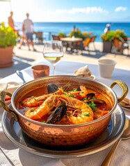 Cataplana de marisco en un caf&eacute; junto al agua en un d&iacute;a soleado