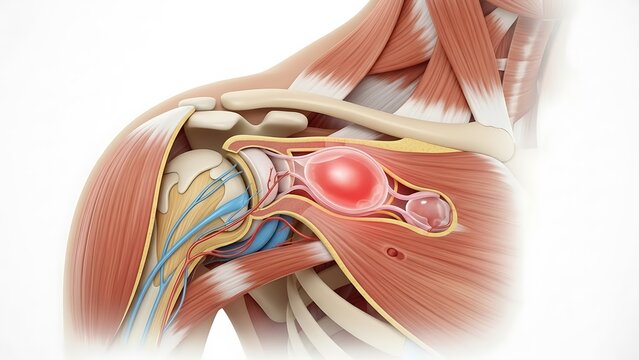 A 3D medical illustration detailing a shoulder joint ganglion cyst or inflamed bursa within the complex anatomical structure of muscles, nerves, and bones, isolated on white background.
