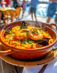 Arroz de marisco en una terraza junto al agua disfrutando de un d&iacute;a soleado
