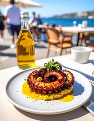 Polvo &agrave; lagareiro en caf&eacute; al aire libre junto al agua