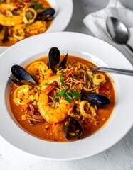 Arroz de marisco de la cocina portuguesa servido en un taz&oacute;n brillante con mariscos y arroz en un entorno atractivo