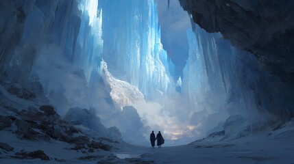 Two figures walk into vast, frozen ice cave with shimmering light