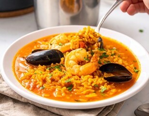 Arroz de marisco en un plato en la mesa, alimento tradicional de la cocina portuguesa
