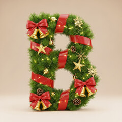 Christmas-themed letter design made from pine branches, with lights and decorations.