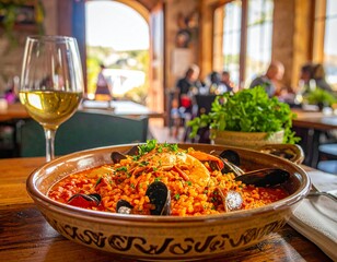 Arroz de marisco en una mesa con vista al mar en un restaurante