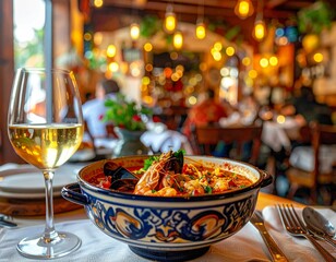 Arroz de marisco en un restaurante portugu&eacute;s con ambiente acogedor y mesa decorada