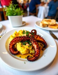 Polvo &agrave; lagareiro servido en un restaurante cl&aacute;sico de Portugal con pur&eacute; de patatas