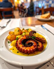 Polvo &agrave; lagareiro servido en un restaurante t&iacute;pico de Portugal con papas y salsa