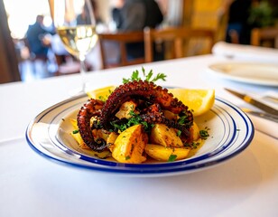 Polvo &agrave; lagareiro en una mesa con decoraci&oacute;n simple y ambiente de restaurante