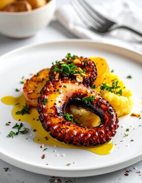 Plato de Polvo &agrave; lagareiro con pulpo asado y guarnici&oacute;n de pur&eacute; en un ambiente sencillo