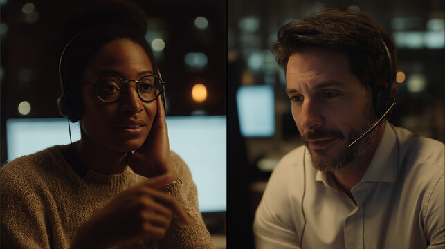 Professional customer service representatives working late at night in a call center, diverse team providing remote technical support and communication for global business - Powered by Adobe