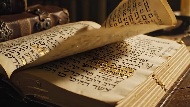 Antique Hebrew Book with Gold Leaf - A close-up shot shows an old Hebrew book, opened to a page filled with text. The pages are aged and adorned with flakes of gold leaf.
