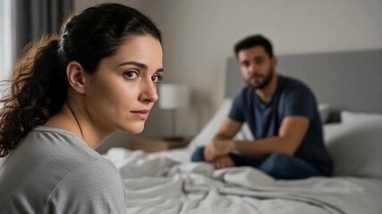 Shameful man sitting behind wife, low male confidence, sexual weakness, emotional domestic tension, intimate relationship scene - Generative AI