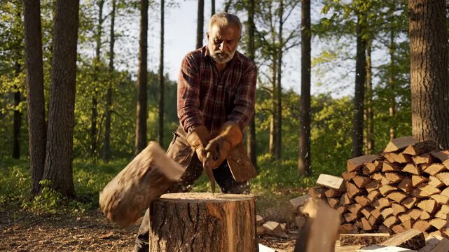 Man Chopping Wood in Forest - A man with a beard is chopping wood in the forest. He is using an axe to split a log on a chopping block, sending wood chips flying.