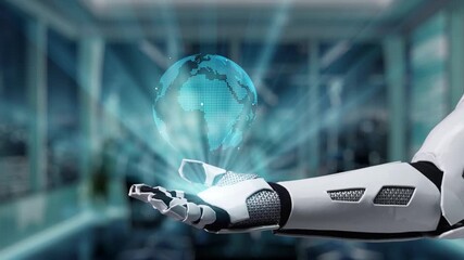 A robotic hand extends, displaying a digital network of human icons and global connections. This video captures the intersection of technology and human interaction in a modern workspace. Auvana - Powered by Adobe
