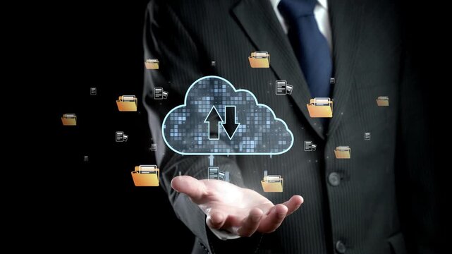 A businessman showcases cloud technology with file folders, visualizing data management and digital storage solutions in a professional and modern workspace. Qubit