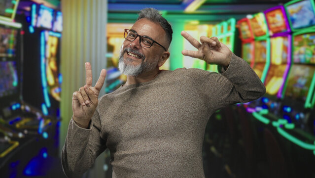 Middle aged man with gray beard and glasses showing peace sign with both hands at colorful casino slot machines, smiling widely and leaning slightly forward; joy celebration. - Powered by Adobe