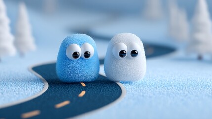Two fluffy, cartoon-like creatures on a road in a snowy, stylized landscape