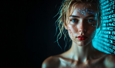 young woman with blue glowing data symbols and numeric projections on her wet skin in a dark futuristic setting exploring themes of transhumanism and artificial intelligence ethics.