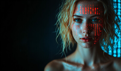 young woman with glowing red binary code projected on skin and freckles in a dark room with blue ambient light and an intense emotional expression with curiosity and vulnerability.
