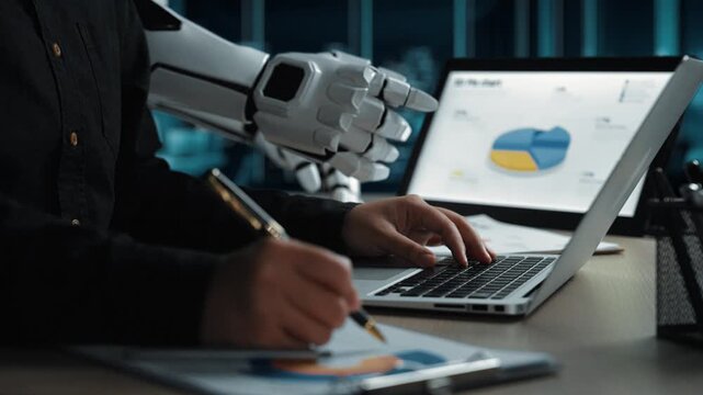During a progressive team huddle, a consultant taps artificial intelligence for data analytics support, revealing patterns that inform marketing plans and collaboration. Noogenesis AI